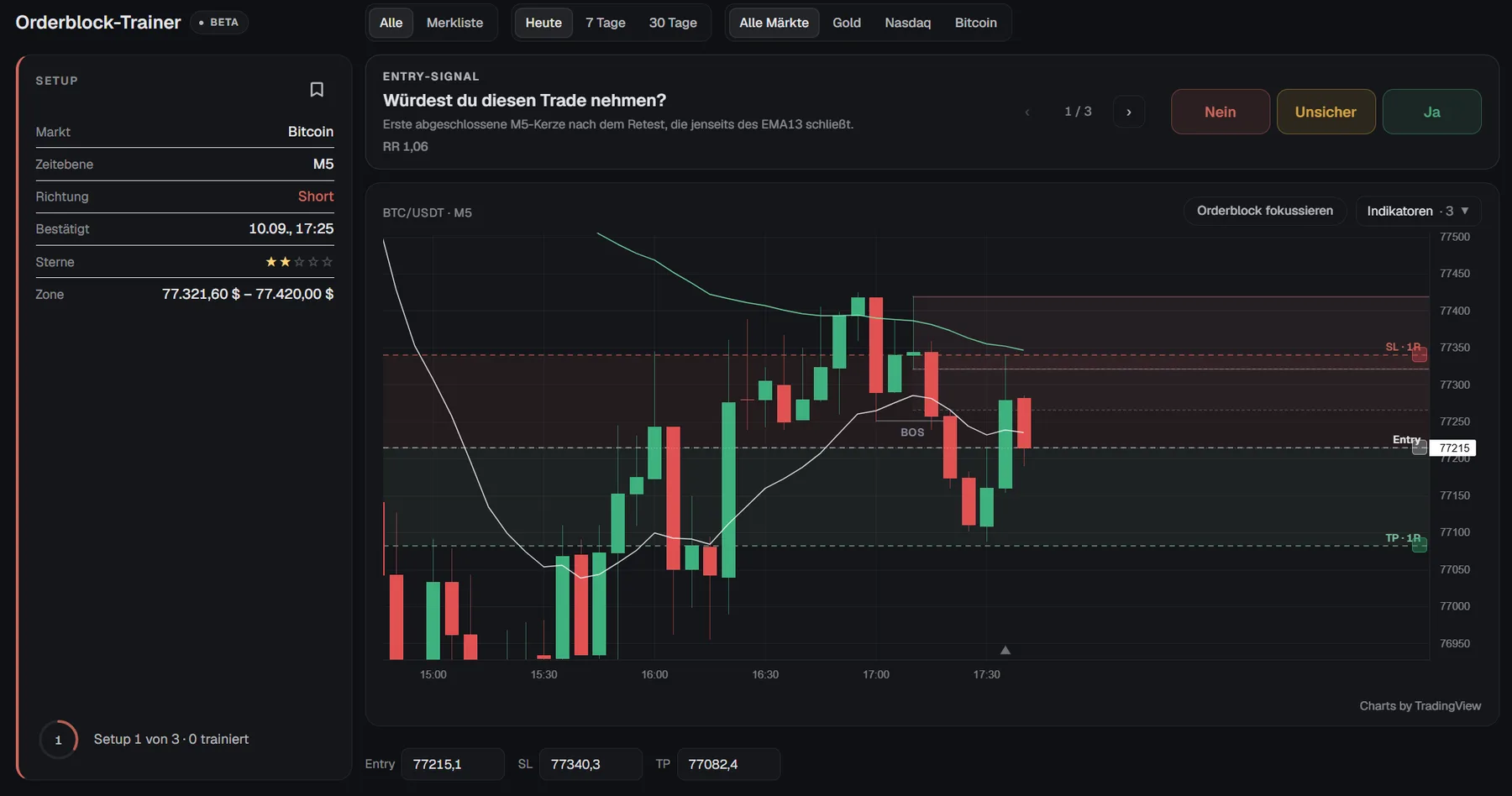 Orderblock Trainer in TraderJe Markets mit einem Bitcoin-M5-Setup, Einstieg, Stop und Ziel im Chart und der Frage, ob du den Trade nehmen würdest